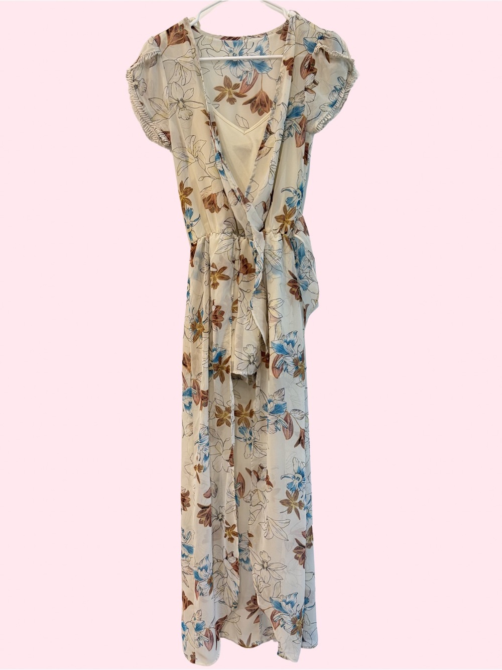 City Triangles Cream Floral High-Low Dress with Blue & Brown Accents